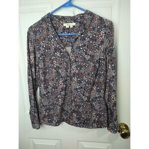 Boden Woman 8P Blouse Leopard Gray V Button Front Long Sleeve